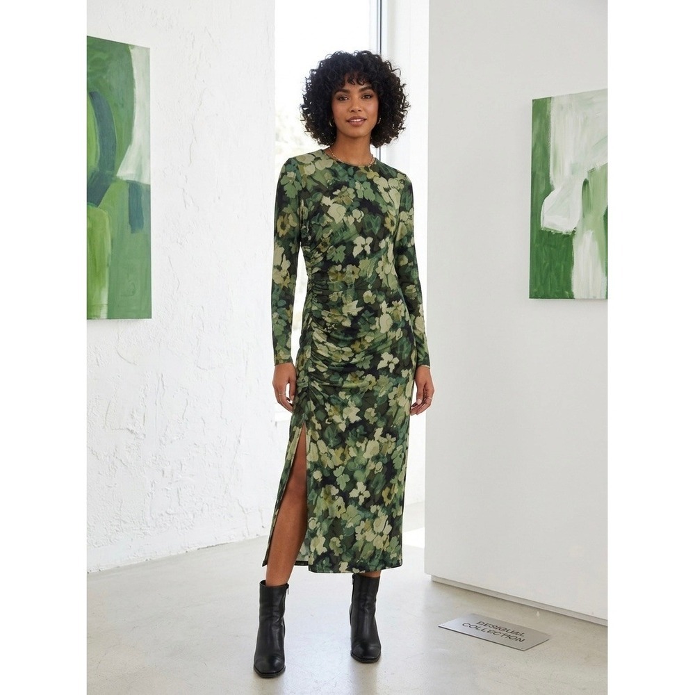 Desigual Camoflower Green Floral Ruched Midi Dress Long Sleeve 23WWVW99 New M